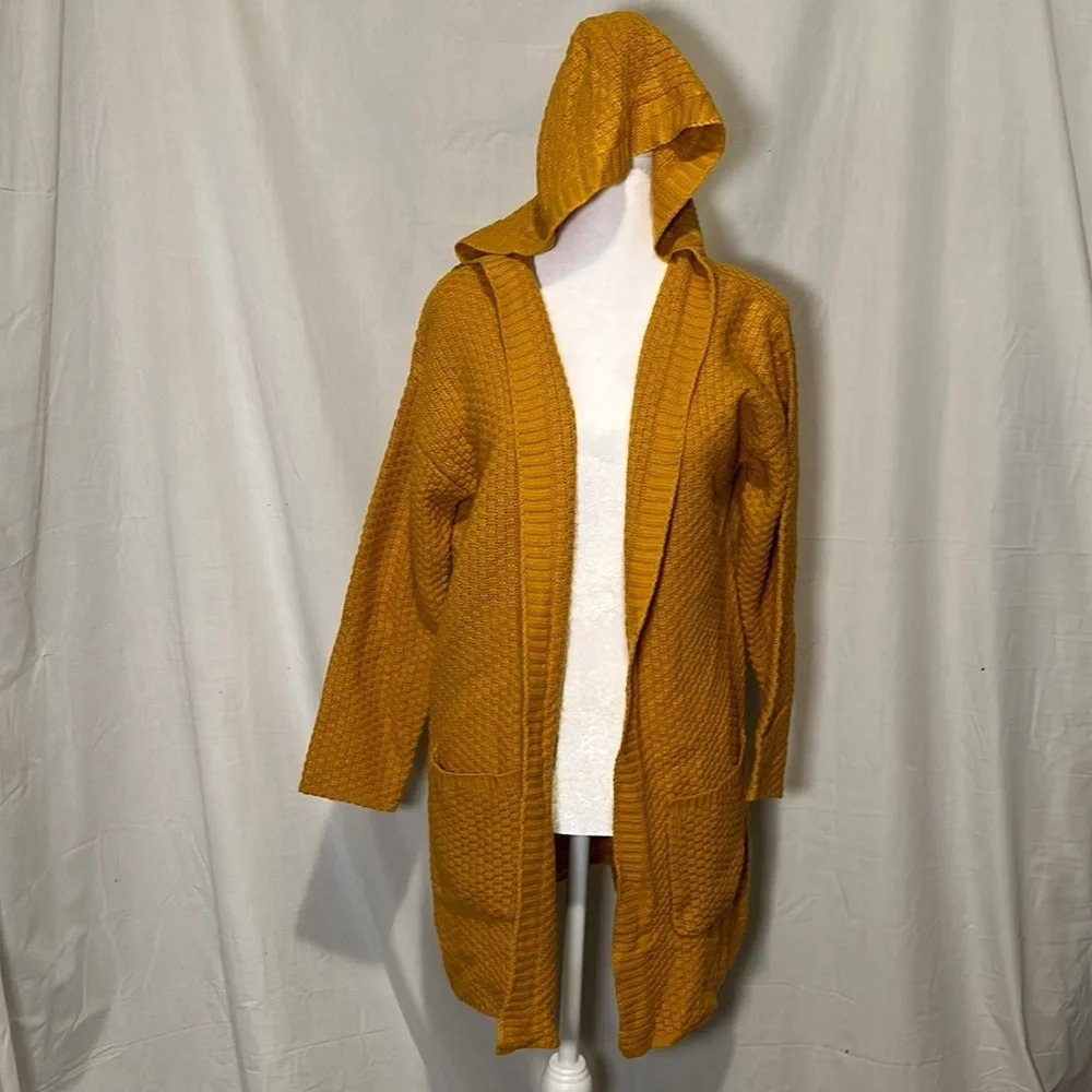 mustard yellow Sienna Sky open front knit hooded cardigan size xs